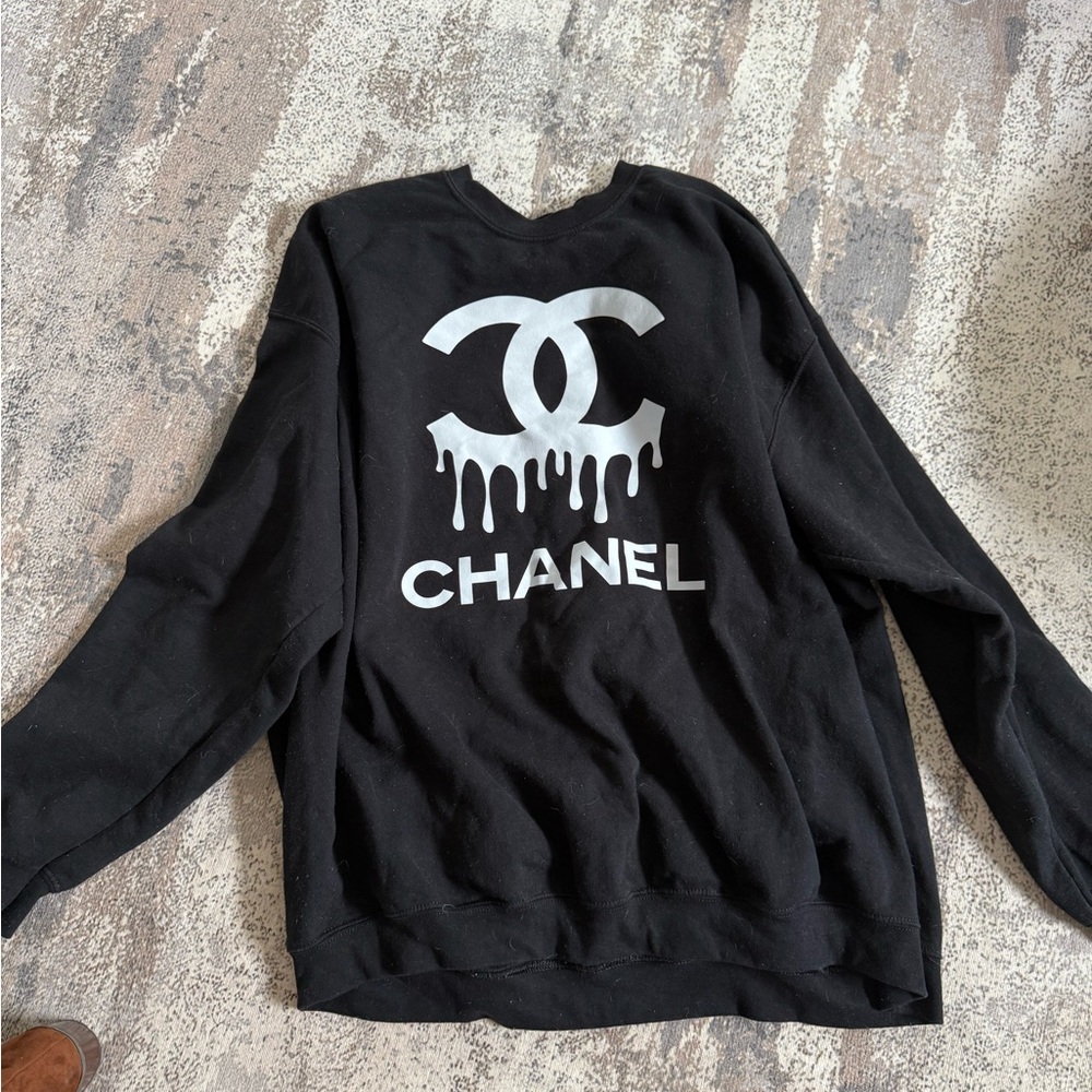 CHANEL Black and White Drip Logo Crewneck Sweater